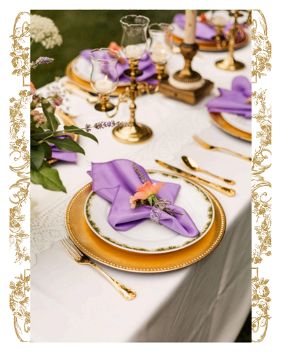 purple and gold wedding reception table setting